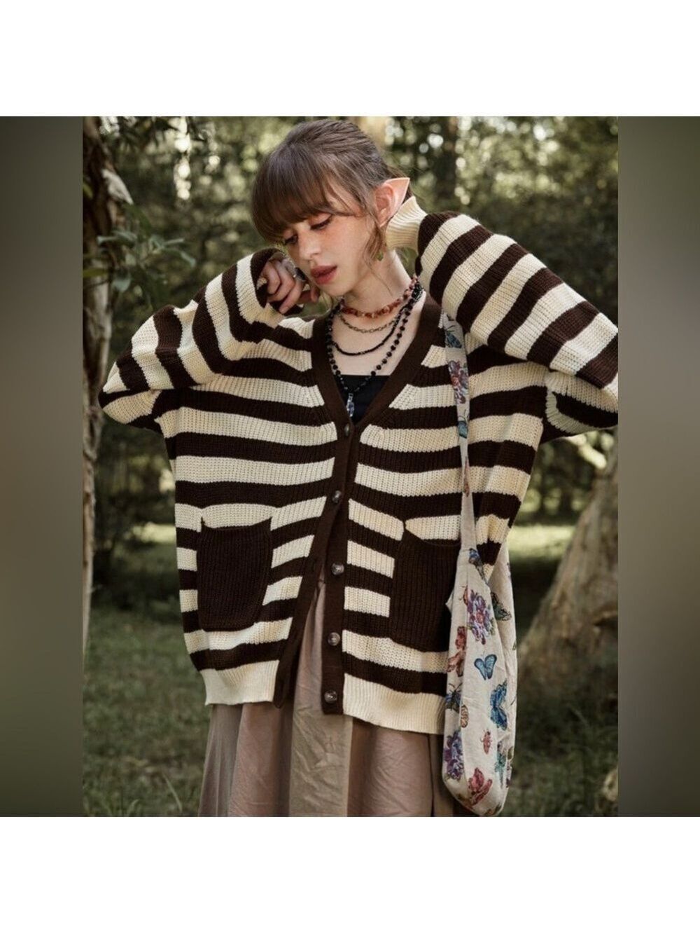 Romwe brown and cream oversized cardigan w/ tortoiseshell buttons. Size L